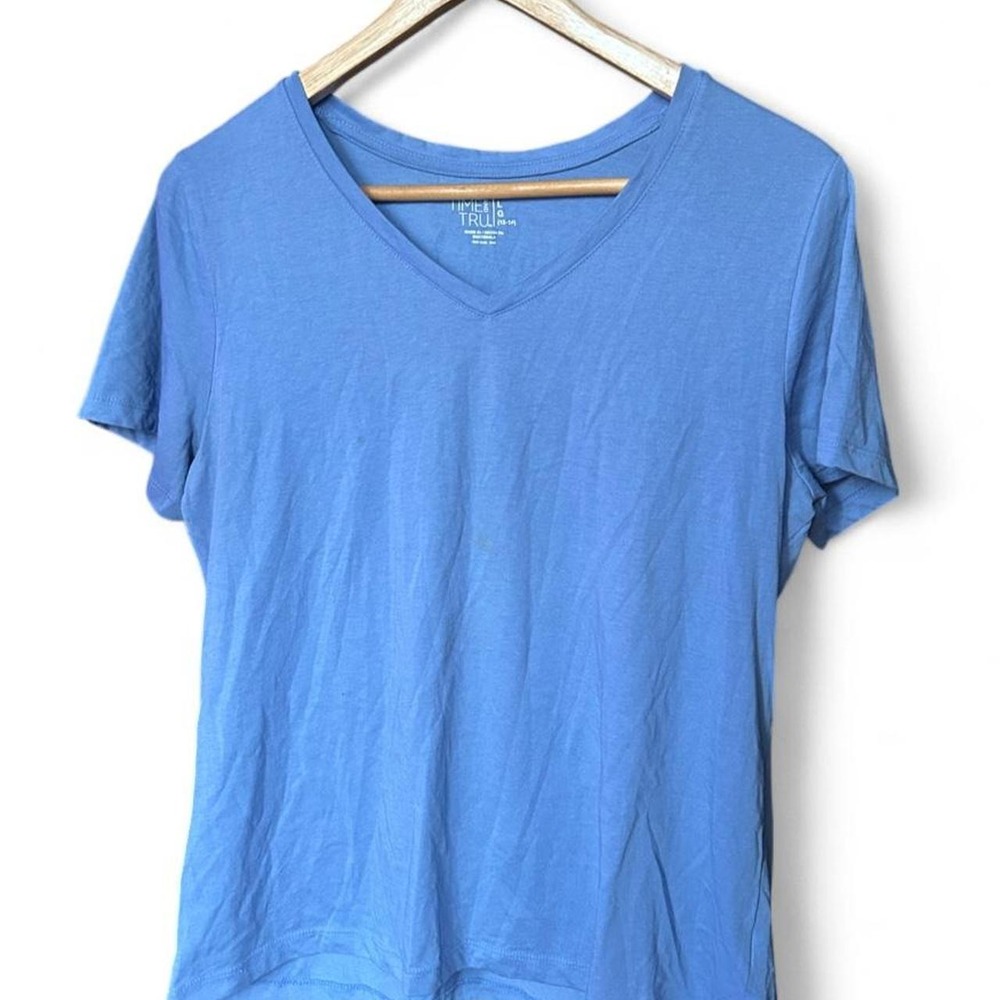 Blue V-Neck T-Shirt Cornflower Blue Coastal Casual Minimalist Size L 12-14